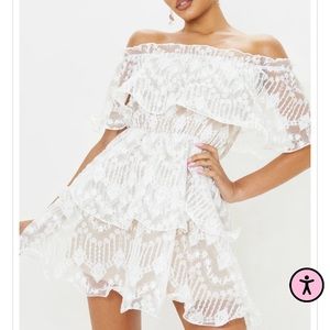 White Lace Bardot Ruffle Tiered Dress